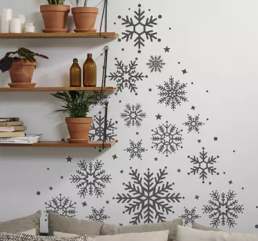 Christmas decorative home wall sticker design of ornamental snowflakes printed in a Christmas tree style. It is customisable in different colours.