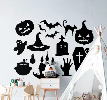 Little symbols Halloween decal design containing bat,pumpkin, hand and graves. It is available in different colours and size options.