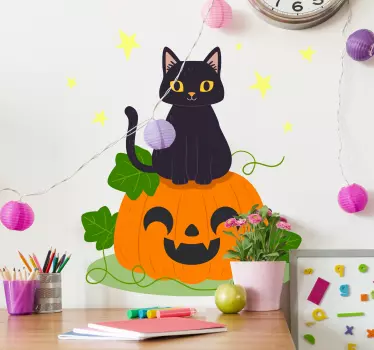 Cute Halloween cat Halloween sticker. The design featured an orange color scary pumpkin with a black cat sitting on top of it.