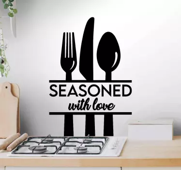 Lovely kitchen decorative cutlery wall art decal with ''Seasoned with love''text. It is available in different colors and size options.