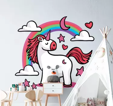An amazing illustrative fairy tale children decal to decorate the room of children, It is a unicorn fairy tale sticker with cloud, stars and rainbow.