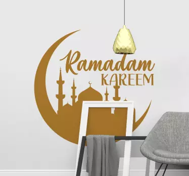 Decorative ornamental Ramadan Kareem decal to beautify and adorn any space of choice. The design is an Islamic mosque with moon and inscription.