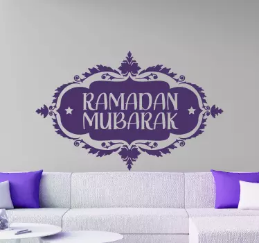 A decorative oriental Arabian wall sticker  of Ramadan Mubarak inscription design. Easy to apply and available in different colours and sizes.