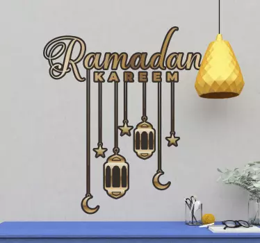 Ornamental oriental Islamic wall art decal design, the design is a calligraphy of ''Ramadan Kareem'' with light lamps attach to it .