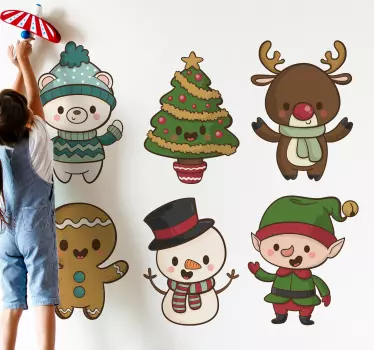 Happy Christmas featured decal for children. The design contains different  baby cartoon characters that represents, reindeer, snowman, tree etc.