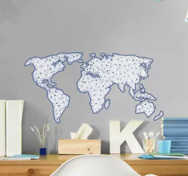 Geometric world map wall sticker for office and home decoration. The design illustrates connecting lines that form a map.