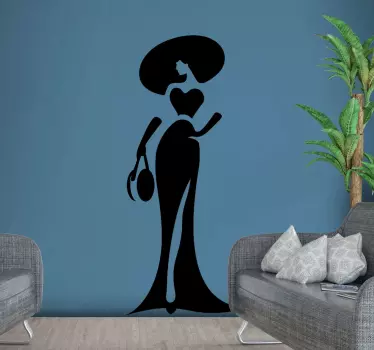 A beauty salon business wall sticker. The design contains the figure silhouette of a fashion lady wearing a long dress, a big hat and holding a bag.