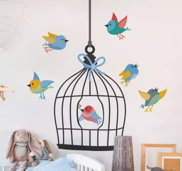 Decorative bird cage sticker with birds. Lovely design to beautify the bedroom of children and it is customizable to meet any need.