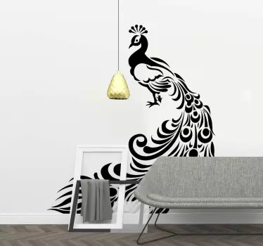 Ornamental peacock bird wall decal. Lovely design for a living room, it can be applied on any other space that you prefer. Original and adhesive.