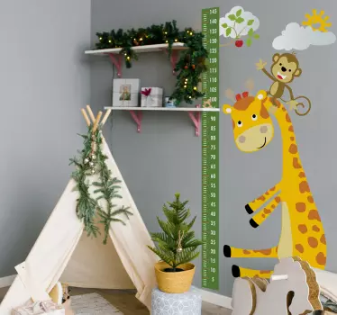 Animals meter height chart wall sticker. Fun design for children space.  A design illustrating a tree chart with giraffe carrying  a monkey on it head.