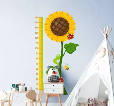 Meter height chart sticker design created in sunflower style. Lovely yellow sunflower height chart decal for children bedroom.