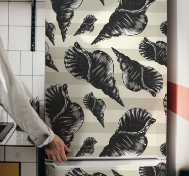fridge door sticker depicting a large variety of hand drawn seashells on a relaxing background. it is easy to apply and extremely long-lasting.