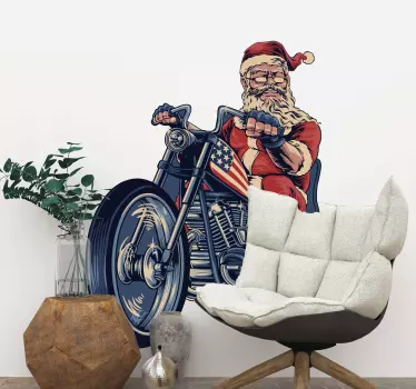 Christmas festival sticker design of Santa on a motorcycle., Suitable for living room decoration where every one can enjoy watching the design.