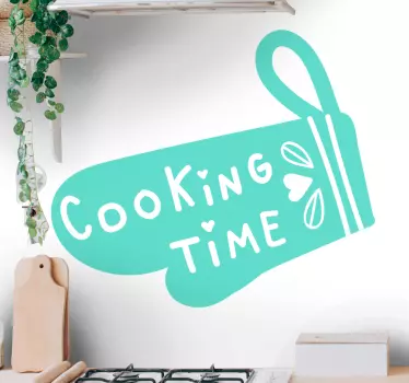 Cooking time kitchen text quotes decal inscription on a pot holder design. The colour is customizable and really easy to apply and removable.