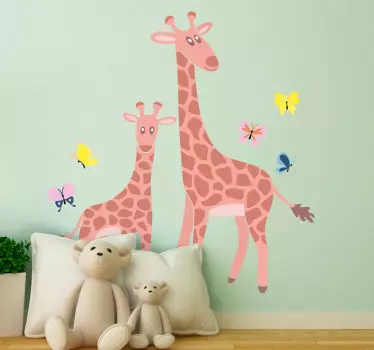 Suitable children bedroom animal sticker. A design illustrating two giraffe depicting a parent and young one. Original, durable and easy to apply.