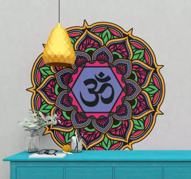 An ornamental ethical mandala sticker design inscribed with a symbolic OM sign. Suitable for a living room space. An original design of best quality.