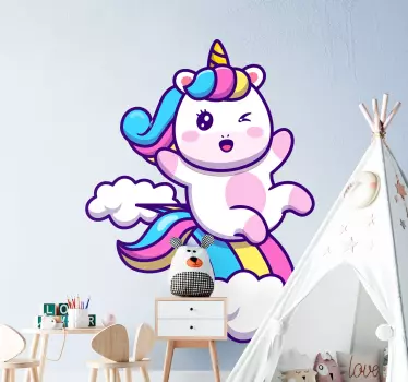 Decorative baby unicorn in a cloud with rainbow movie sticker. Ideal for children room and other rooms in a house too. Available in any size needed.