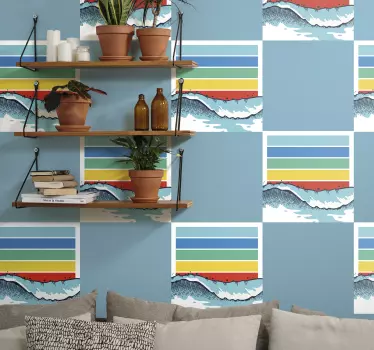 Beautiful retro wave sticker for wall.  Lovely illustration of sea wave with multicolored line layers representing sun refraction. It is elf adhesive.