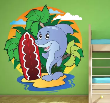 Kids Wall Stickers - A fun and playful design of a cheerful dolphin on a beach. Bright and colourful wall sticker great for decorating kids bedrooms.
