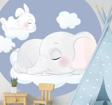 An adorable way to decorate your kid's room with this cute sleeping rabbit and elephant on clouds wall sticker. Long-lasting product.