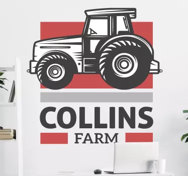 Customized name tractor sticker for children. The design illustrates a tractor parked on a farm belonging to a person and the name is customisable.