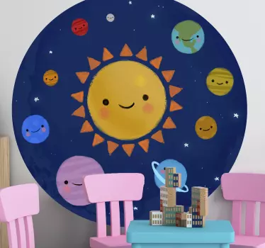 Happy illustration sticker of the sun. A design illustrating the sun together with the nine planets in the solar system with smiling and happy faces.
