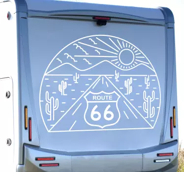 Decorative travel stamp for vehicle. The design contains route 66 sign with nature features. Original and easy to apply.