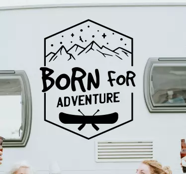 Born for adventure stamp travel sticker for motorhome or caravan. The design is illustrated with nature features and text. The colour is customisable.