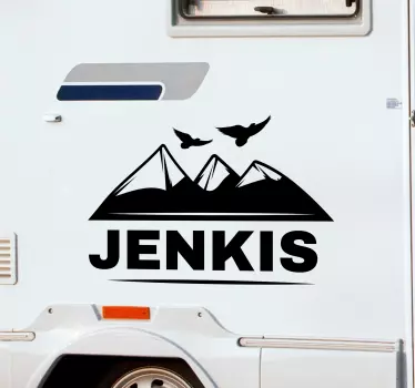 Lovely customized name mountain and nature then sticker to decorate your caravan, bus, motorhome, van and any other vehicle.