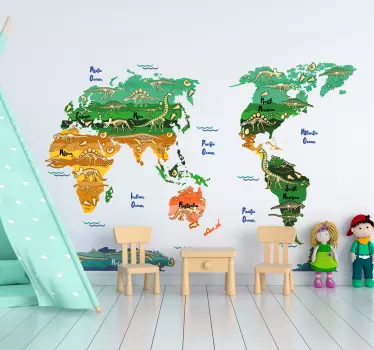 Illustrative dinosaur skeleton world map wall sticker. This design would be a great idea to beautify the room of kids, it is decorative and educative.