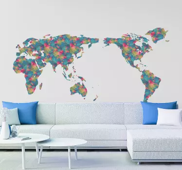 Beautiful decorative colorful world map sticker with different colorful leave texture as it background. Original, durable, adhesive and easy to apply.