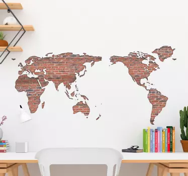 Brick wall world map sticker for home and office decoration. The lovely location world map is printed in texture that imitates brown brick wall.