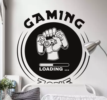 Loading game zone sign video game sticker for gamers.  A design illustrating a gamer holding a game controller tagged with a loading signal.