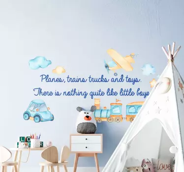 An toy illustration wall art decal for kids containing designs  of various  vehicles, plane, cloud, star and text. Easy to apply and adhesive.