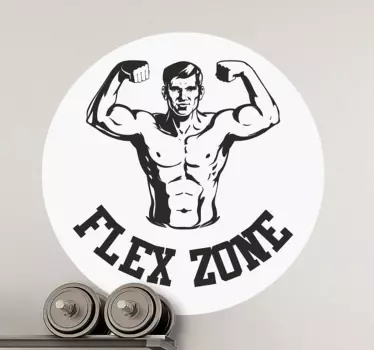 Fitness wall sticker which features an image of a man flexing with the text 'flex zone' underneath it. Zero residue upon removal.