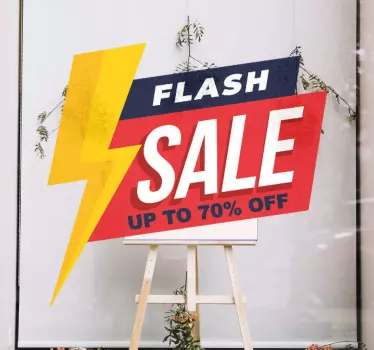 Flash sale sticker which features the text 'Flash sale, up to % off' with a image of a lightning bolt. Available in various sizes.