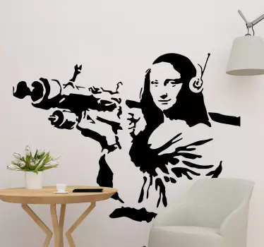 A wall art decal from Banksy art work. The design illustrates Mona Lisa carrying a Bazooka aiming to fire. Available in any size required.