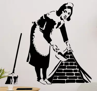 Bansky cleaning lady sticker with broom. Product of a woman cleaning the house with a broom and spatula. Art style decoration for your home!