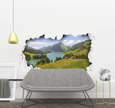 Mountain wall sticker which features a beautiful image of a landscape covered in mountains, fields, forests and a river.