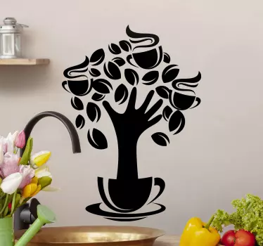 Lovely silhouette decorative coffee drink decal. It illustrates a cup of  coffee with tree, it is customizable in colour options.