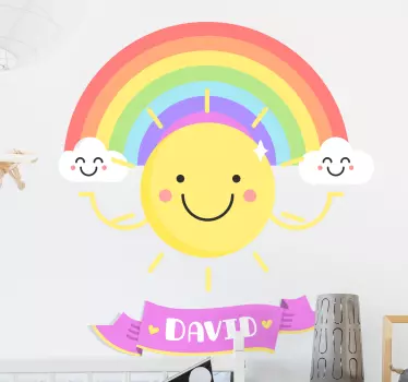 Rainbow design sticker with a smiling sun and customizable name text to decorate your child's room with a colorful style that he will identify with.