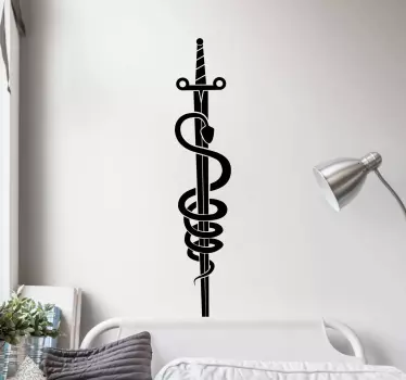 Illustrative mythological sword object wall decal with snake wrapped around it. The colour is customizable, original, durable and easy to apply.
