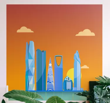 Skyline wall sticker which features the skyline of Riyadh, the capital of Saudi Arabia in bright colours. Easy to apply.