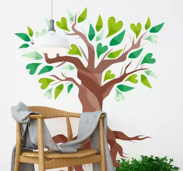 Nature vinyl wall decal with the illustration of the tree of life with leaves in different shades of green and in the shape of hearts and other shapes