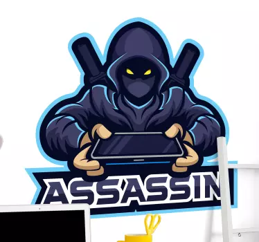 A fantastic video game vinyl decal for gamers. A design illustrating  a game warriors holding a gaming device and it is tagged with the text 'Assasin'.