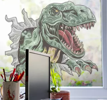 Realistic looking t-rex breaking through wall sticker. Customize your space with this realistic dragon action illustration decal.
