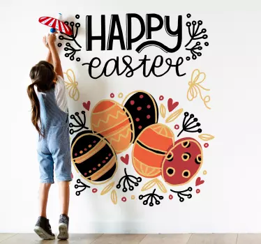 Easter stickers which  feature the text 'Happy Easter' on top of a collection of Easter eggs. +10,000 satisfied customers.