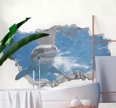 An amazing realistic visual effect wall decal illustrating a big shark traversing a wall from the deep blue sea. . The size is customizable.