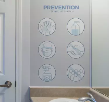 Covid prevention wall mural sticker. It design contains icon illustrations for covid prevention method. Suitable for home , hotel bathroom, etc.