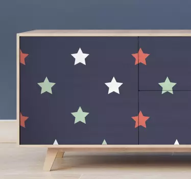 Decorative furniture vinyl decal with lovely design of colour star prints on black background. It is self adhesive , easy to apply and removable.